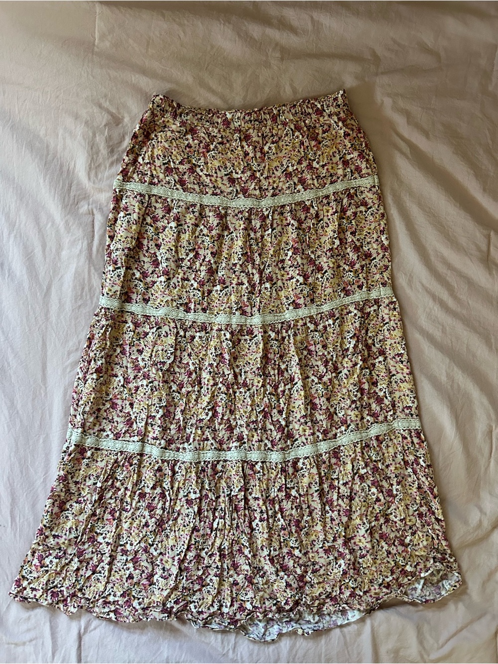 Lily White Floral Tiered Maxi Skirt in Cream and Pink
